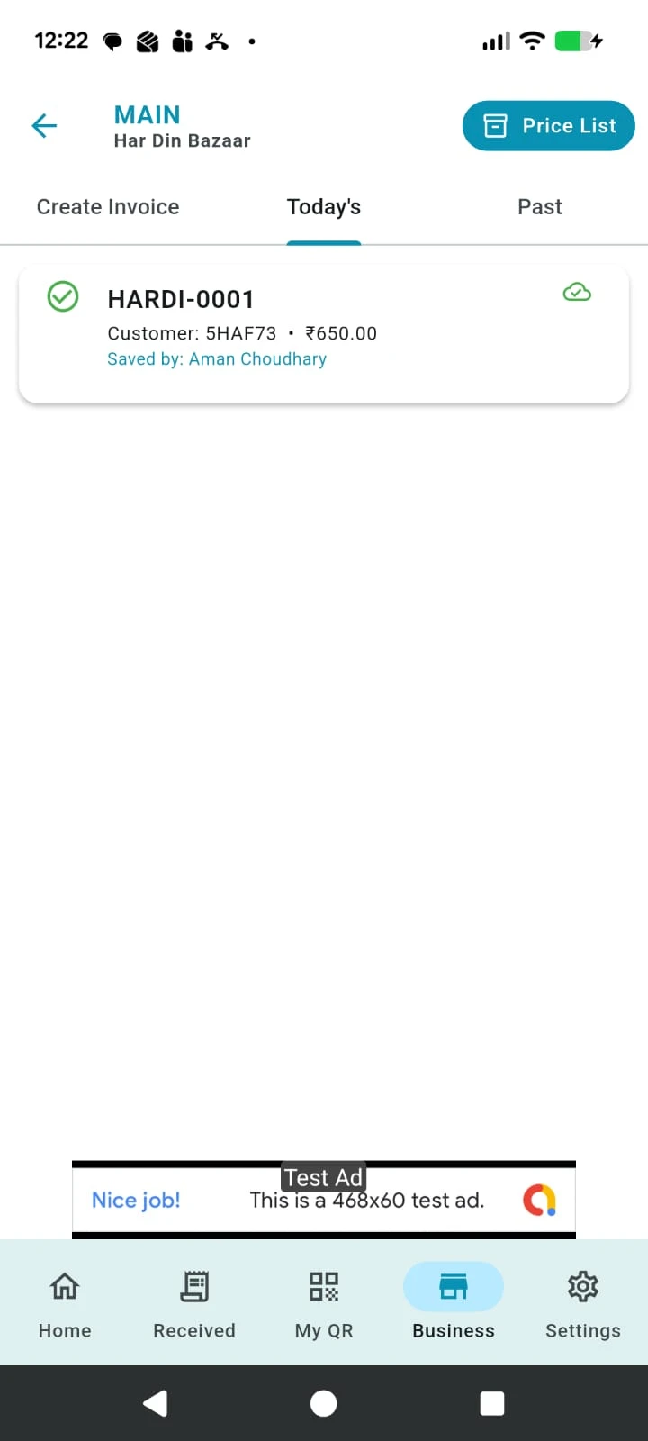 Invoice Recorded screen